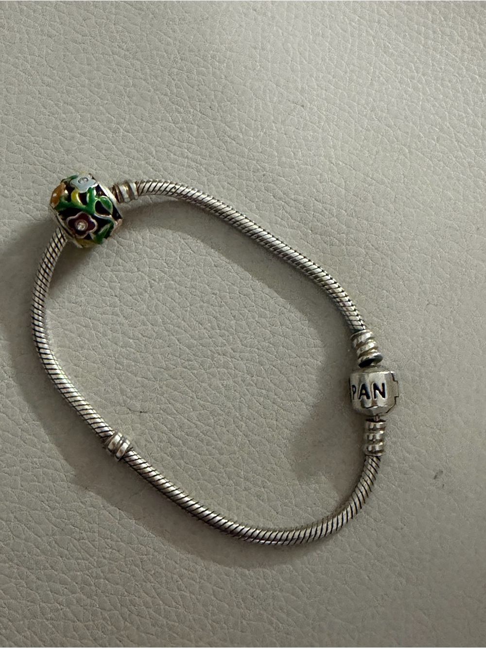 Silver Snake Chain Bracelet with Green Floral Enamel Charm